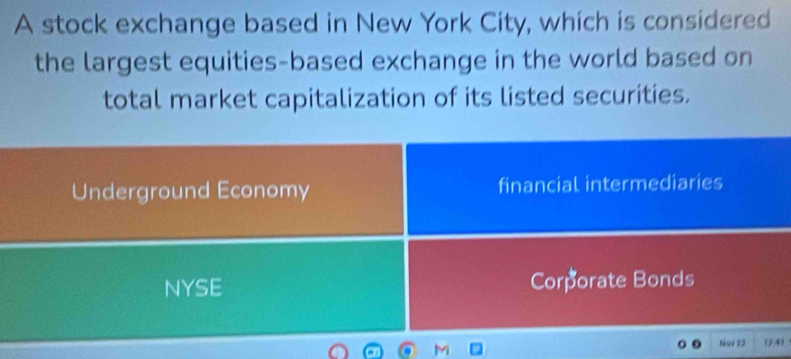 A stock exchange based in New York City, which is considered 
the largest equities-based exchange in the world based on 
total market capitalization of its listed securities. 
Underground Economy financial intermediaries 
NYSE Corporate Bonds 
Nov 22 
M 17-41