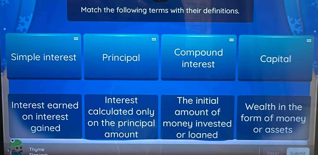 Match the following terms with their definitions. 
==: 
Compound 
Simple interest Principal Capital 
interest 
Interest The initial 
Interest earned calculated only amount of Wealth in the 
on interest form of money 
gained on the principal money invested or assets 
amount or loaned 
Thyme Submit 
Rese