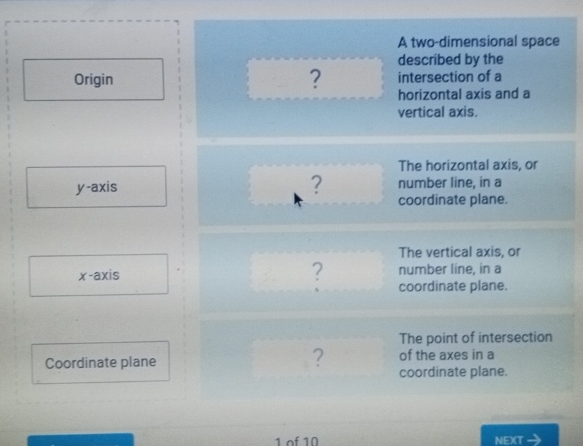 A two-dimensional space 
described by the 
? 
Origin intersection of a 
horizontal axis and a 
vertical axis. 
The horizontal axis, or 
? 
y-axis number line, in a 
coordinate plane. 
The vertical axis, or 
x-axis number line, in a 
? coordinate plane. 
The point of intersection 
? 
Coordinate plane of the axes in a 
coordinate plane. 
1 of 10 NEXT