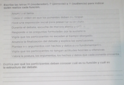 Escribe las letras M (moderador), P (ponente) y ∧ (audiencia) para indicar 
quién realiza cada función. 
Anuncia el tema 
ndica el orden en que los ponentes deben paticipar. 
ace una exposición inicial para presentar su postura. 
Durante el debate, escucha de manera atenta y crít 
Responde a las preguntas formuladas por la audiencia 
Vigila que los participantes no excedan el tiempo otorgado. 
Anuncia la finalización del debate y explica las conclusiones 
Plantea sus argumentos con hechos y datos para fundamentarios 
Vigila que los participantes no tengan actitudes hostiles u ofensivas 
Valora la postura, los argumentos, los hechos y datos que cada ponente presenta. 
Explica por qué los participantes deben conocer cuál es su función y cuál es 
la estructura del debate. 
_ 
_ 
_