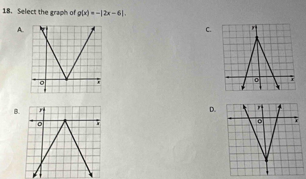 Select the graph of g(x)=-|2x-6|. 
A. 
C. 
B 
D.