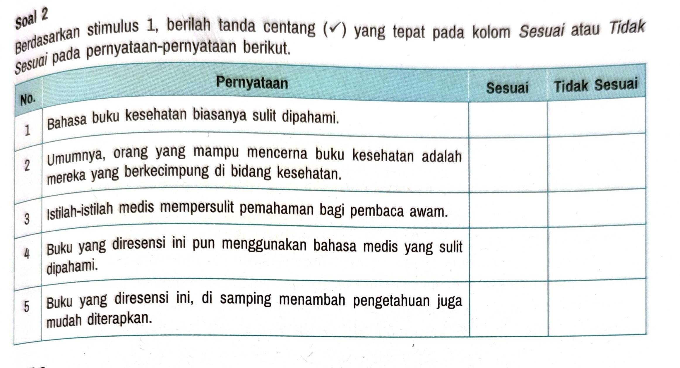 Soal 2 
Berdasarkan stimulus 1, berilah tanda centang (✔) yang tepat pada kolom Sesuaí atau Tidak 
nyataan-pernyataan berikut.