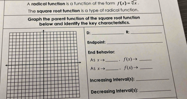 A radical function is a function of the form f(x)=sqrt[n](x). 
The square root function is a type of radical function. 
Graph the parent function of the square root function 
below and identify the key characteristics. 
D:_ 
R:_ 
Endpoint:_ 
End Behavior: 
As x _. f(x) to _ 
As x _ f(x) _ 
Increasing Interval(s):_ 
Decreasing Interval(s):_