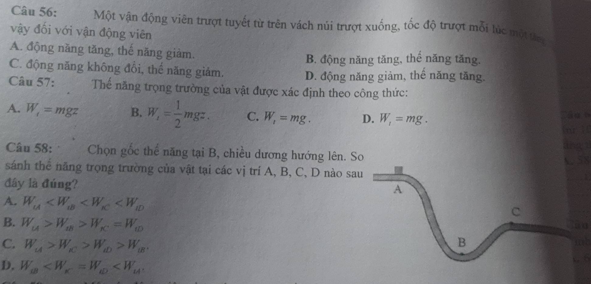 Một vận động viên trượt tuyết từ trên vách núi trượt xuống, tốc độ trượt mỗi lúc một tan
vậy đối với vận động viên
A. động năng tăng, thế năng giảm.
B. động năng tăng, thể năng tăng.
C. động năng không đổi, thế năng giảm.
D. động năng giảm, thể năng tăng.
Câu 57: Thế năng trọng trường của vật được xác định theo công thức:
A. W_1=mgz
B. W_1= 1/2 mgz.
C. W_t=mg. D. W_1=mg. 
ang ì
Câu 58: Chọn gốc thể năng tại B, chiều dương hướng lên. So
A 58
sánh thể năng trọng trường của vật tại các vị trí A, B, C, D nào sau
đây là đúng?
A
A. W_cA
C
B. W_tA>W_tB>W_fC=W_tD
C. W_cA>W_c>W_aD>W_cB. B
D. W_iB .