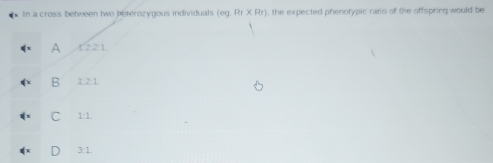 In a cross between two betérozygous individuals (eg Rr* Rr) , the expected phenotypic rario of the offspring would be
A 1221
B 1:2:1
C 1:1
3:1.