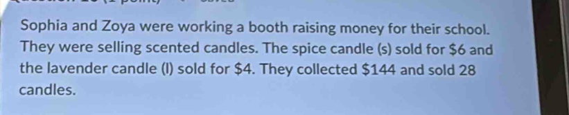 Sophia and Zoya were working a booth raising money for their school. 
They were selling scented candles. The spice candle (s) sold for $6 and 
the lavender candle (I) sold for $4. They collected $144 and sold 28
candles.