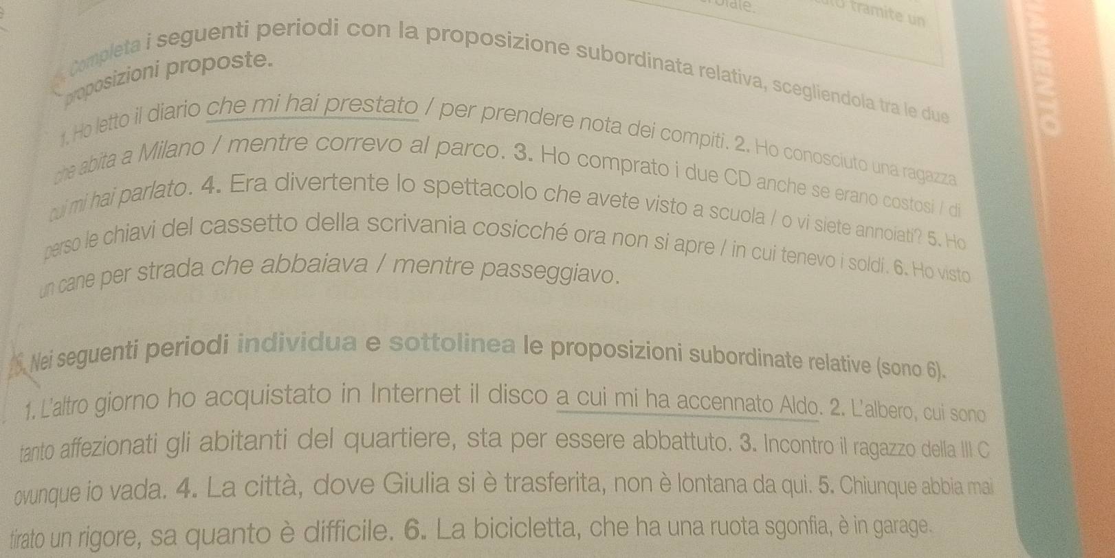 tramite un 
proposizioni proposte. 
Completa i seguenti periodi con la proposizione subordinata relativa, scegliendola tra le due 
1. Ho letto il diario che mi hai prestato / per prendere nota dei compiti. 2. Ho conosciuto una ragazza 
the abita a Milano / mentre correvo al parco. 3. Ho comprato i due CD anche se erano costosi / di 
ti mi hai parlato. 4. Era divertente lo spettacolo che avete visto a scuola / o vi siete annoiati? 5. Ho 
perso le chiavi del cassetto della scrivania cosicché ora non si apre / in cui tenevo i soldi. 6. Ho visto 
un cane per strada che abbaiava / mentre passeggiavo. 
Nei seguenti periodi individua e sottolinea le proposizioni subordinate relative (sono 6). 
1.Laltro giorno ho acquistato in Internet il disco a cui mi ha accennato Aldo. 2. L'albero, cui sono 
tanto affezionati gli abitanti del quartiere, sta per essere abbattuto. 3. Incontro il ragazzo della III C 
ovunque io vada. 4. La città, dove Giulia si è trasferita, non è lontana da qui. 5. Chiunque abbia mai 
tirato un rigore, sa quanto è difficile. 6. La bicicletta, che ha una ruota sgonfia, è in garage.