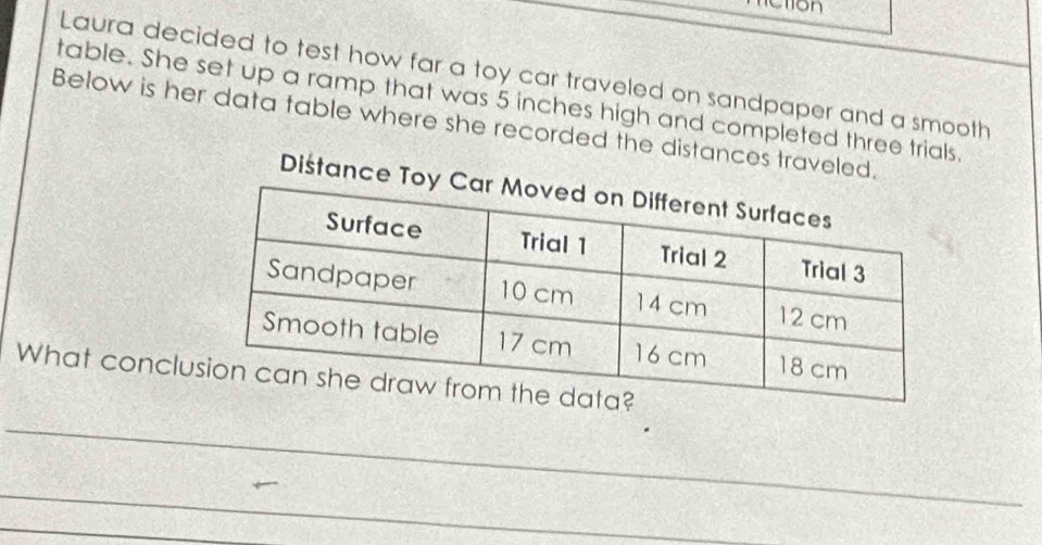 Ction 
Laura decided to test how far a toy car traveled on sandpaper and a smooth 
table. She set up a ramp that was 5 inches high and completed three trials. 
Below is her data table where she recorded the distances traveled. 
Distance To 
_ 
What conclu 
_ 
_