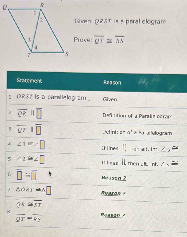 Given: QRST is a parallelogram 
Prove: overline QT≌ overline RS
Statement Reason 
1 QRST is a parallelogram . Given 
2 overline QRparallel overline □  Definition of a Parallelogram 
3 overline QTparallel overline □  Definition of a Parallelogram 
4 ∠ 1≌ ∠ □
If lines . then alt. int. ∠ s≌
5 ∠ 2≌ ∠ □
If lines then alt. int. ∠ s≌
6 overline □ ≌ overline □ 
Reason ? 
7 △ QRT≌ △ □ Reason ?
overline QR≌ overline ST
8
overline QT≌ overline RS
Reason ?