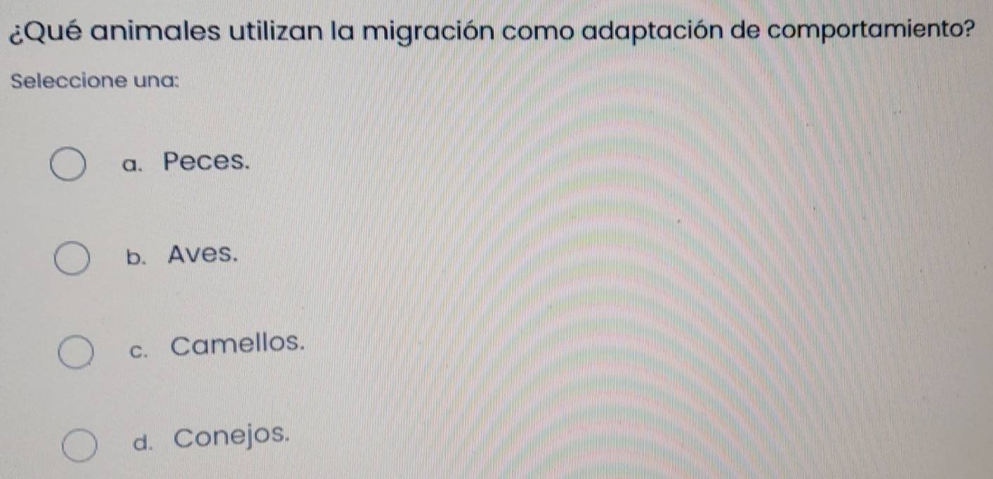 ¿Qué animales utilizan la migración como adaptación de comportamiento?
Seleccione una:
a. Peces.
b. Aves.
c. Camellos.
d. Conejos.