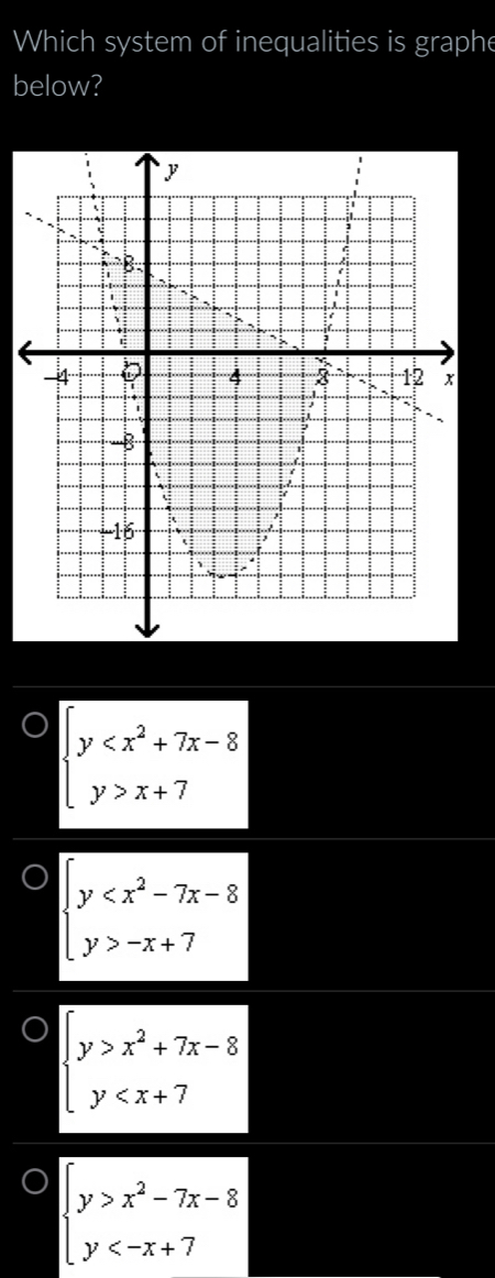 Which system of inequalities is graphe
below?
beginarrayl y x+7endarray.
beginarrayl y -x+7endarray.
beginarrayl y>x^2+7x-8 y
beginarrayl y>x^2-7x-8 y