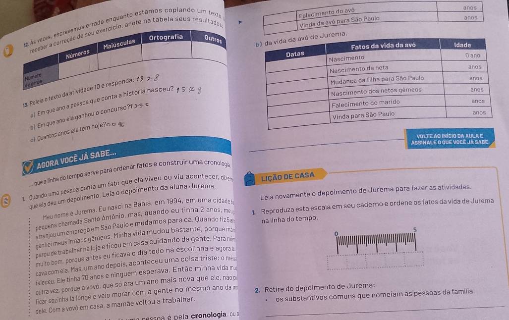 rrado enquanto estamos copiando um texto.
anote na tabela seus resultado
13. Releia o texto da
a) Em que ano a pessoa que conta a h
b) Em que ano ela ganhou o concurso? >s e
c) Quantos anos ela tem hoje?o o4
VOLTE AO INÍCIO DA AULA E
ASSINALE O QUE VOCÊ JA SABE.
AGORA VOCÊ JÁ SABE...
que a linha do tempo serve para ordenar fatos e construir uma cronología
 1. Quando uma pessoa conta um fato que ela viveu ou viu acontecer, dizen
que ela deu um depoimento. Leia o depoimento da aluna Jurema LIÇÃO DE CASA
Meu nome é Jurema. Eu nasci na Bahia, em 1994, em uma cidade b Leia novamente o depoimento de Jurema para fazer as atividades.
pequena chamada Santo Antônio, mas, quando eu tinha 2 anos, meu 1. Reproduza esta escala em seu caderno e ordene os fatos da vida de Jurema
arranjou um emprego em São Paulo e mudamos para cá. Quando fiz 5ar na linha do tempo.
ganhei meus irmãos gêmeos. Minha vida mudou bastante, porque ma
0
parou de trabalhar na loja e ficou em casa cuidando da gente. Para mim
muito bom, porque antes eu ficava o dia todo na escolinha e agora e 5
cava com ela. Mas, um ano depois, aconteceu uma coisa triste: o meu
faleceu. Ele tinha 70 anos e ninguém esperava. Então minha vida mu
outra vez, porque a vovó, que só era um ano mais nova que ele, não m
ficar sozinha lá longe e veio morar com a gente no mesmo ano da m 2. Retire do depoimento de Jurema:
dele. Com a vovó em casa, a mamãe voltou a trabalhar. _os substantivos comuns que nomeiam as pessoas da família.
pessoa é pela cronologia, ou s