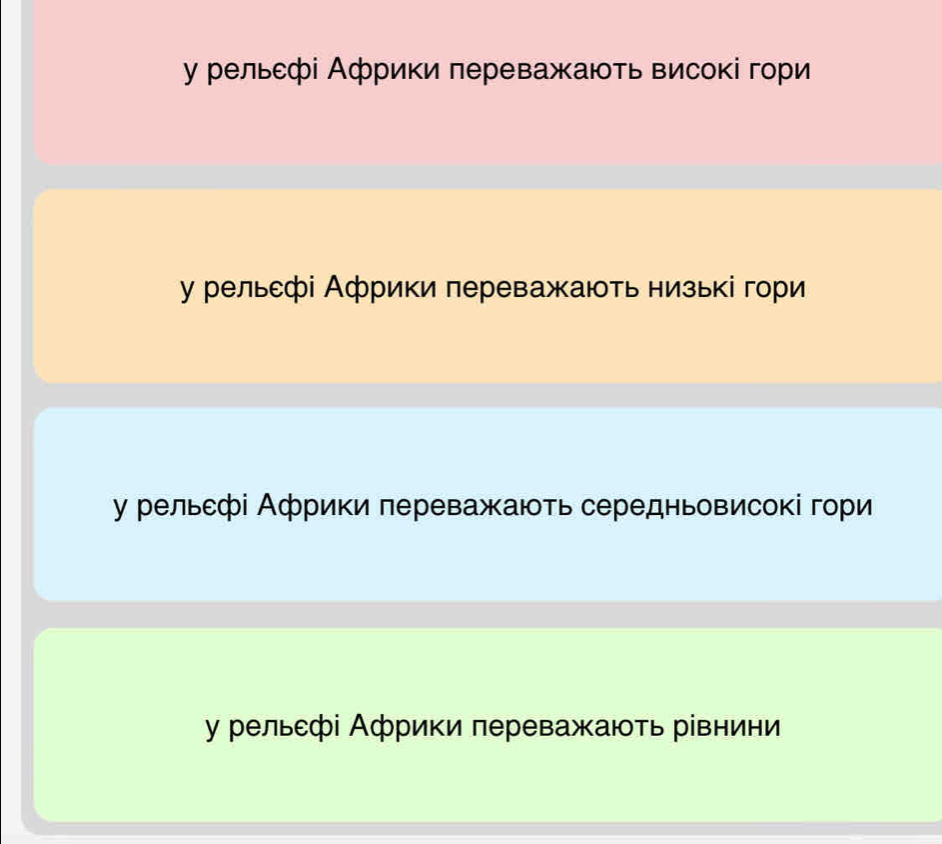 γ рельефі Африки πереважають висоκі гори
у рельефі Африки πереважають низькі гори
у рельефі Африки πереважають середньовисокі гори
у рельефі Африки πереважають рівнини