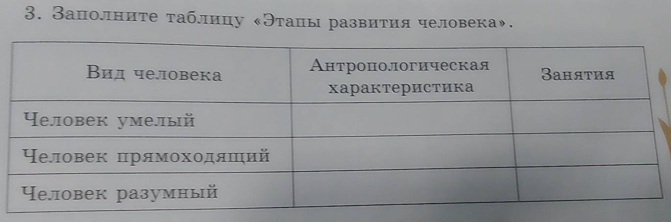 Заполните τаблицу κЭтацы развиτия человека».