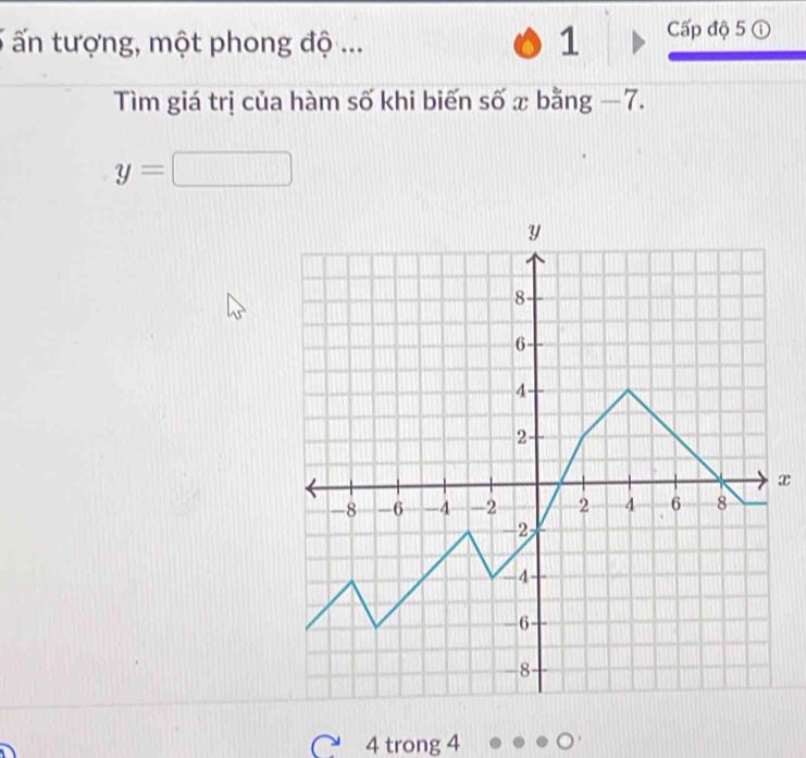 ấn tượng, một phong độ ... 
1 Cấp độ 5 ① 
Tìm giá trị của hàm số khi biến số x bằng −7.
y=□
x
4 trong 4