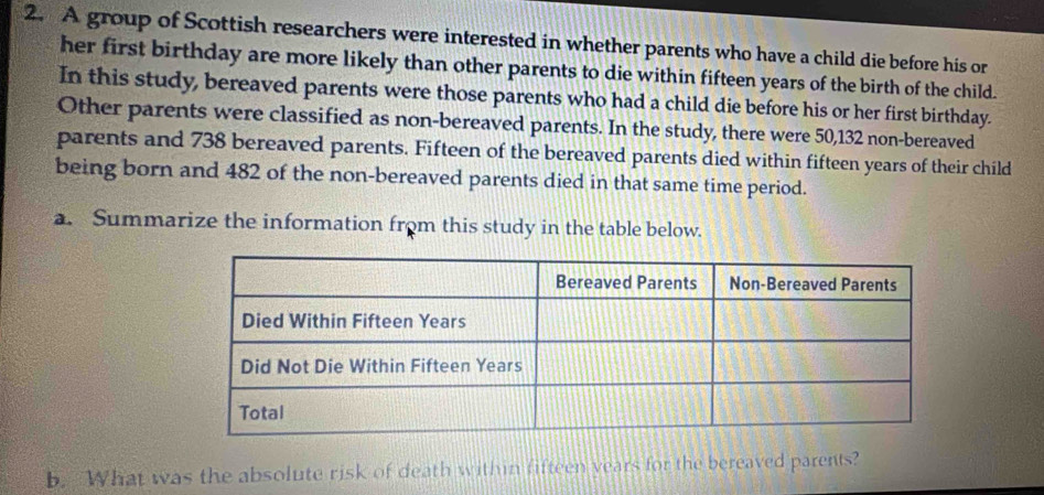 A group of Scottish researchers were interested in whether parents who have a child die before his or 
her first birthday are more likely than other parents to die within fifteen years of the birth of the child. 
In this study, bereaved parents were those parents who had a child die before his or her first birthday. 
Other parents were classified as non-bereaved parents. In the study, there were 50, 132 non-bereaved 
parents and 738 bereaved parents. Fifteen of the bereaved parents died within fifteen years of their child 
being born and 482 of the non-bereaved parents died in that same time period. 
a. Summarize the information from this study in the table below. 
b. What was the absolute risk of death within fifteen years for the bereaved parents?