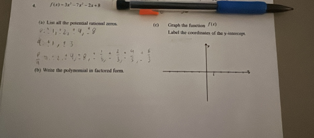 f(x)=3x^3-7x^2-2x+8
(a) List all the potential rational zeros. (c) Graph the function f(x)
Label the coordinates of the y-intercept 
(b) Write the polynomial in factored form.