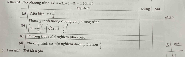 Câu 64.Cho phương trình 4x^2+sqrt(2x+3)=8x+1. Khi đó:
C.