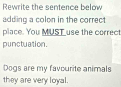 Rewrite the sentence below 
adding a colon in the correct 
place. You MUST use the correct 
punctuation. 
Dogs are my favourite animals 
they are very loyal.