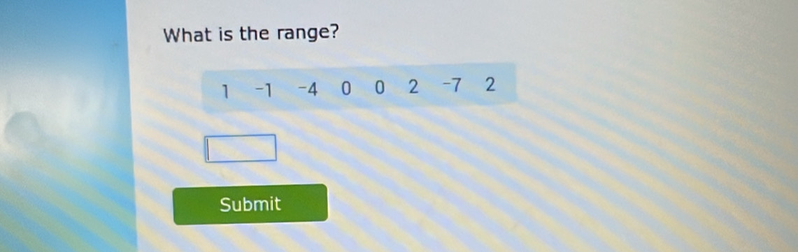 What is the range?
1 -1 -4 0 0 2 -7 2
Submit