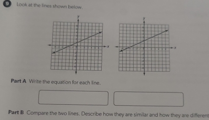 Look at the lines shown below. 
Part A Write the equation for each line. 
Part B Compare the two lines. Describe how they are similar and how they are different