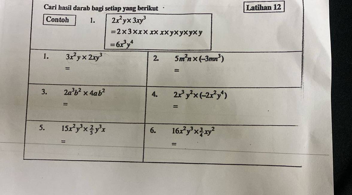 Cari hasil darab bagi setiap yang berikut · Latihan 12