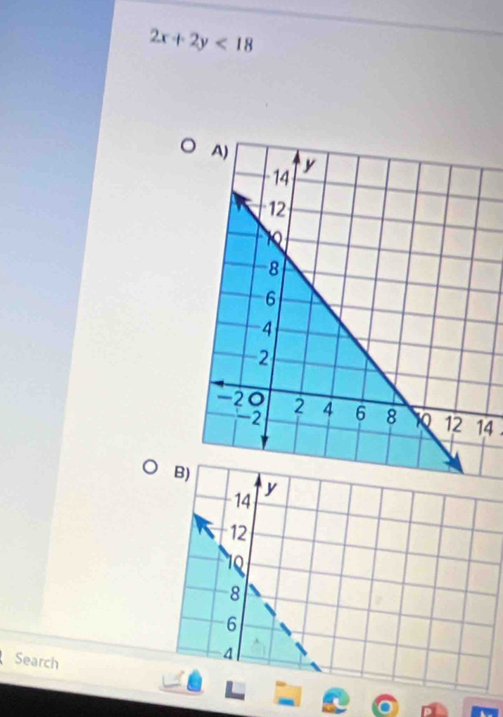 2x+2y<18</tex>
4
B)
14 y
12
10
8
6
Search
4