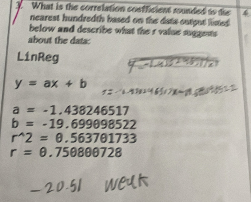 What is the correlation cosfficient rounded to the 4
nearest hundredth based on the data output listed .
below and describe what the r value suggents .
about the data:
LinReg
y=ax+b
a=-1.438246517
b=-19.699098522
r^(wedge)2=0.563701733
r=0.750800728