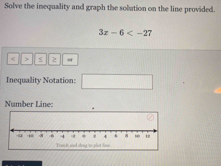 Solve the inequality and graph the solution on the line provided.
3x-6
< or 
Inequality Notation: □ 
Number Line: 
Touch and drag to plot line.