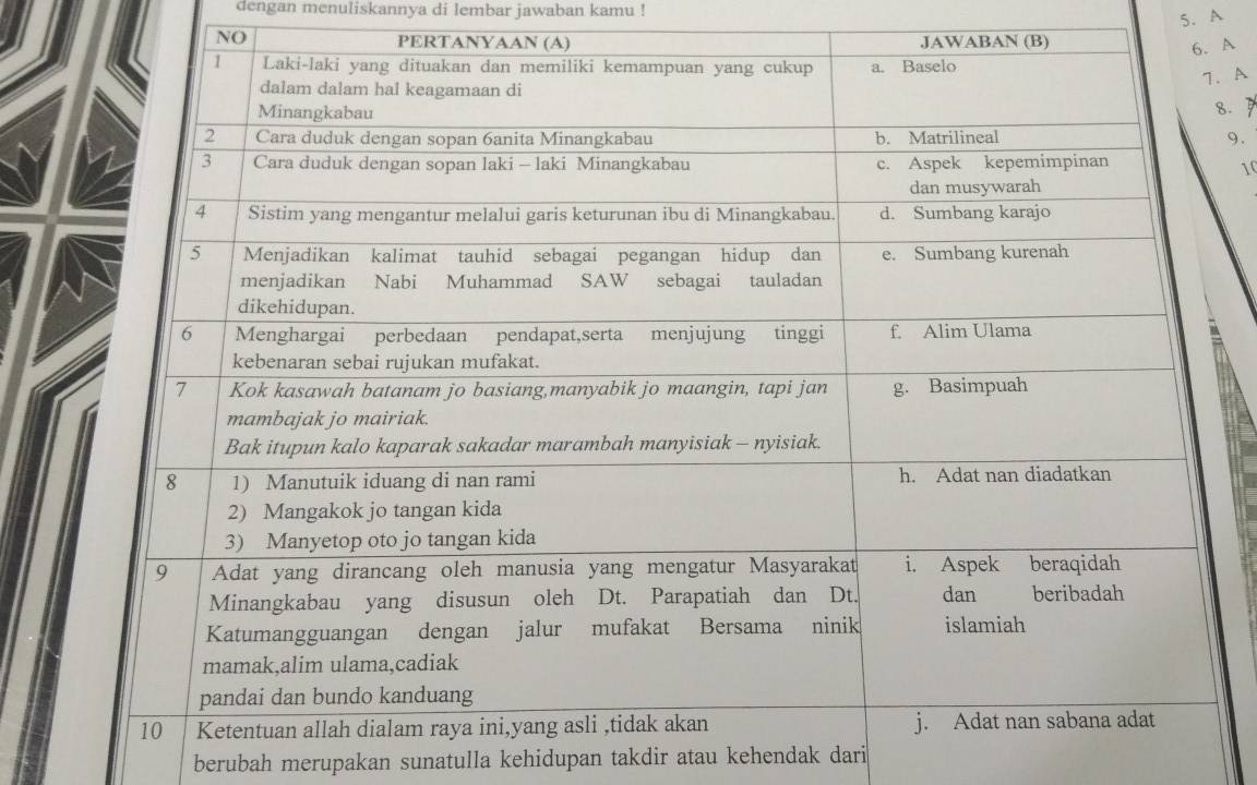 dengan menuliskannya di lembar jawaban kamu ! 
5. A 
NO 
A 
. A 
8. 7 
9. 
10 
berubah merupakan sunatulla kehidupan takdir atau kehendak dari