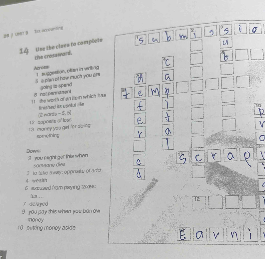 Tax accounting 
14 Use the clues to complete 
the crossword. 
Across: 
1 suggestion, often in writing 
5 a plan of how much you are 
going to spend 
8 not permanent 
11 the worth of an item which has 
finished its useful life 10
(2 words - 5, 5) 
12 opposite of loss 
13 money you get for doing 
something 
0 
Down: 
2 you might get this when 
someone dies 
3 to take away: opposite of add 
4 wealth 
6 excused from paying taxes: 
tax . . . 
12 
7 delayed 
9 you pay this when you borrow 
money 
10 putting money aside