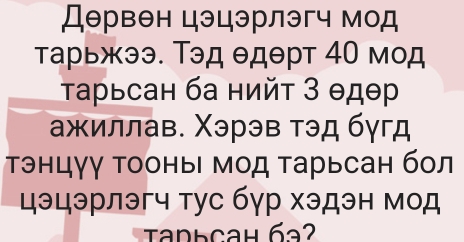 Дθрвен цэцэрлэгч мод 
тарьжээ. Τэд θдθрт 40 мод 
τарьсан ба нийτ 3 θдθр
ажиллав. Χэрэв тэд бγгд 
Τэнцγγ ΤооныΙ мод Τарьсан бол 
цэцэрлэгч тус бγр хэдэн мод