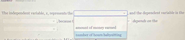 Answer Altempt 2 out of 2
The independent variable, x, represents the , and the dependent variable is the
, because t depends on the
amount of money earned
number of hours babysitting
M(_ )