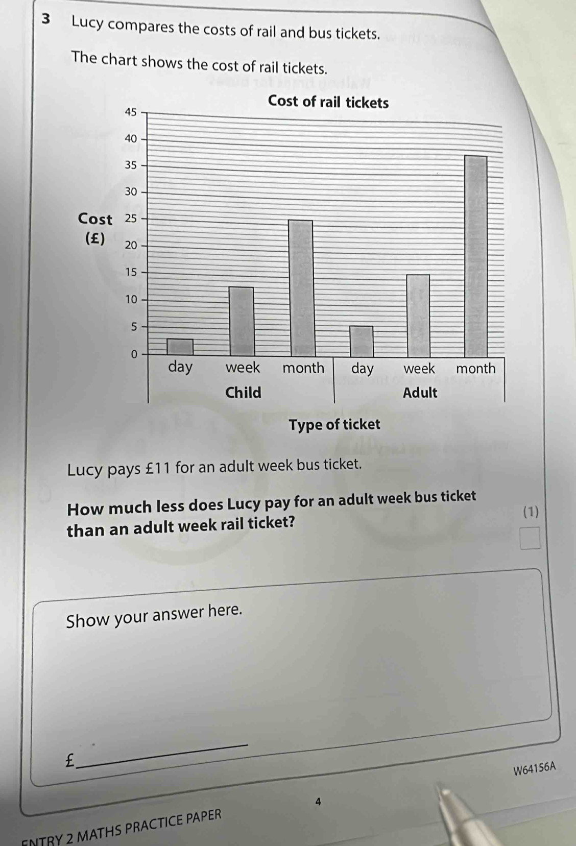 Lucy compares the costs of rail and bus tickets. 
The chart shows the cost of rail tickets. 
Lucy pays £11 for an adult week bus ticket. 
How much less does Lucy pay for an adult week bus ticket 
(1) 
than an adult week rail ticket? 
Show your answer here. 
_
£
4 
NTRY 2 MATHS PRACTICE PAPER W64156A