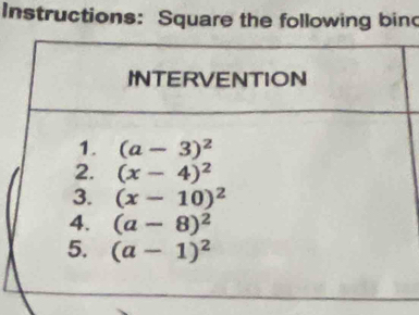 Instructions: Square the following bin