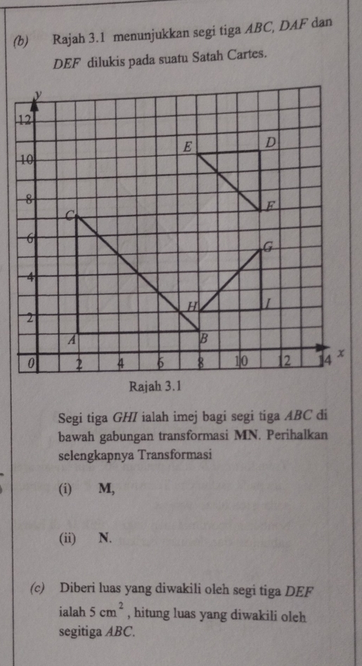 Rajah 3.1 menunjukkan segi tiga ABC, DAF dan
DEF dilukis pada suatu Satah Cartes. 
Segi tiga GHI ialah imej bagi segi tiga ABC đi 
bawah gabungan transformasi MN. Perihalkan 
selengkapnya Transformasi 
(i) M, 
(ii) N. 
(c) Diberi luas yang diwakili oleh segi tiga DEF
ialah 5cm^2 , hitung luas yang diwakili oleh 
segitiga ABC.