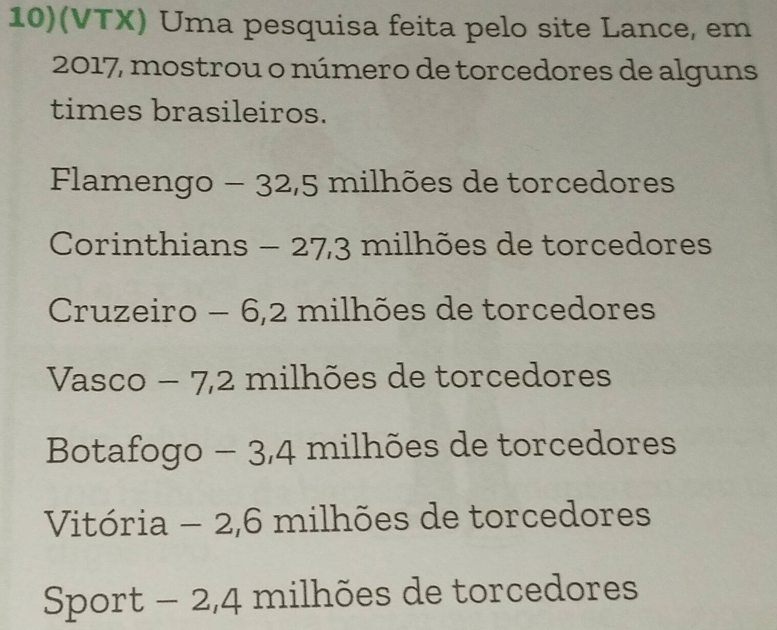 10)(VTX) Uma pesquisa feita pelo site Lance, em
2017, mostrou o número de torcedores de alguns
times brasileiros.
Flamengo - 32,5 milhões de torcedores
Corinthians - 273 milhões de torcedores
Cruzeiro - 6,2 milhões de torcedores
Vasco - 7,2 milhões de torcedores
Botafogo - 3,4 milhões de torcedores
Vitória - 2,6 milhões de torcedores
Sport - 2,4 milhões de torcedores