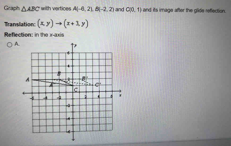 Solved: Graph ABC with vertices A(-6,2),B(-2,2) and C(0,1) and its ...