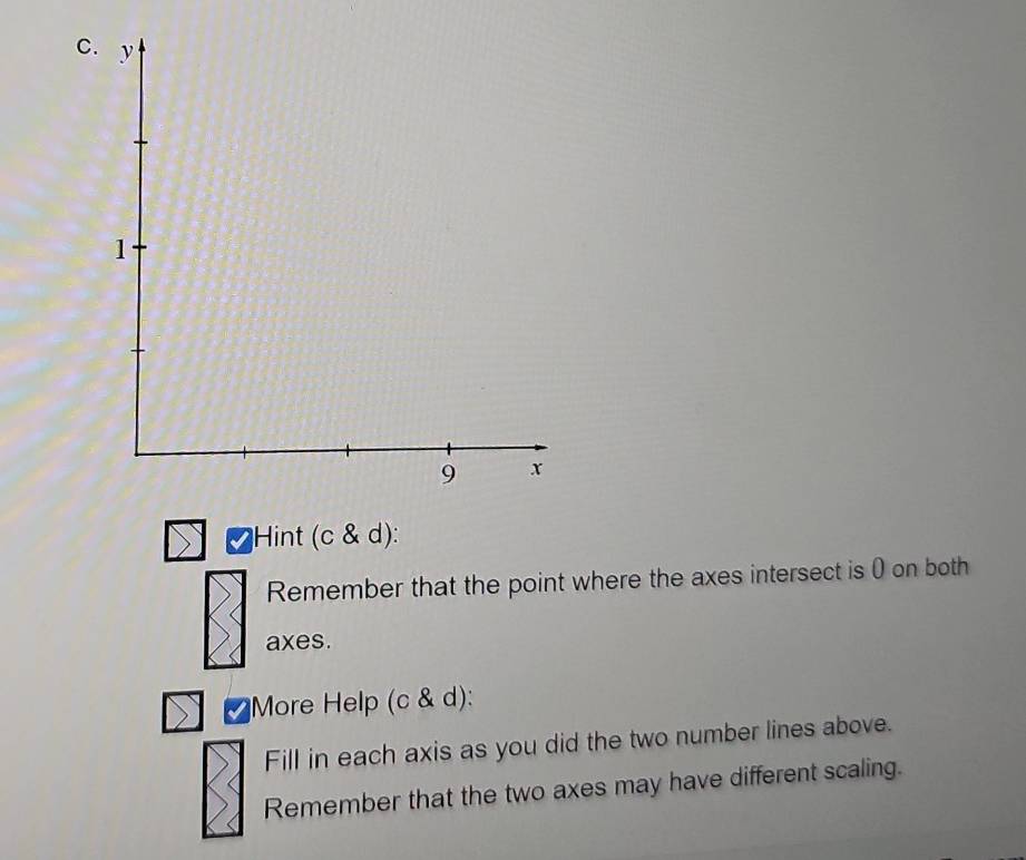 Hint (c & d): 
Remember that the point where the axes intersect is () on both 
axes. 
More Help (c & d): 
Fill in each axis as you did the two number lines above. 
Remember that the two axes may have different scaling.