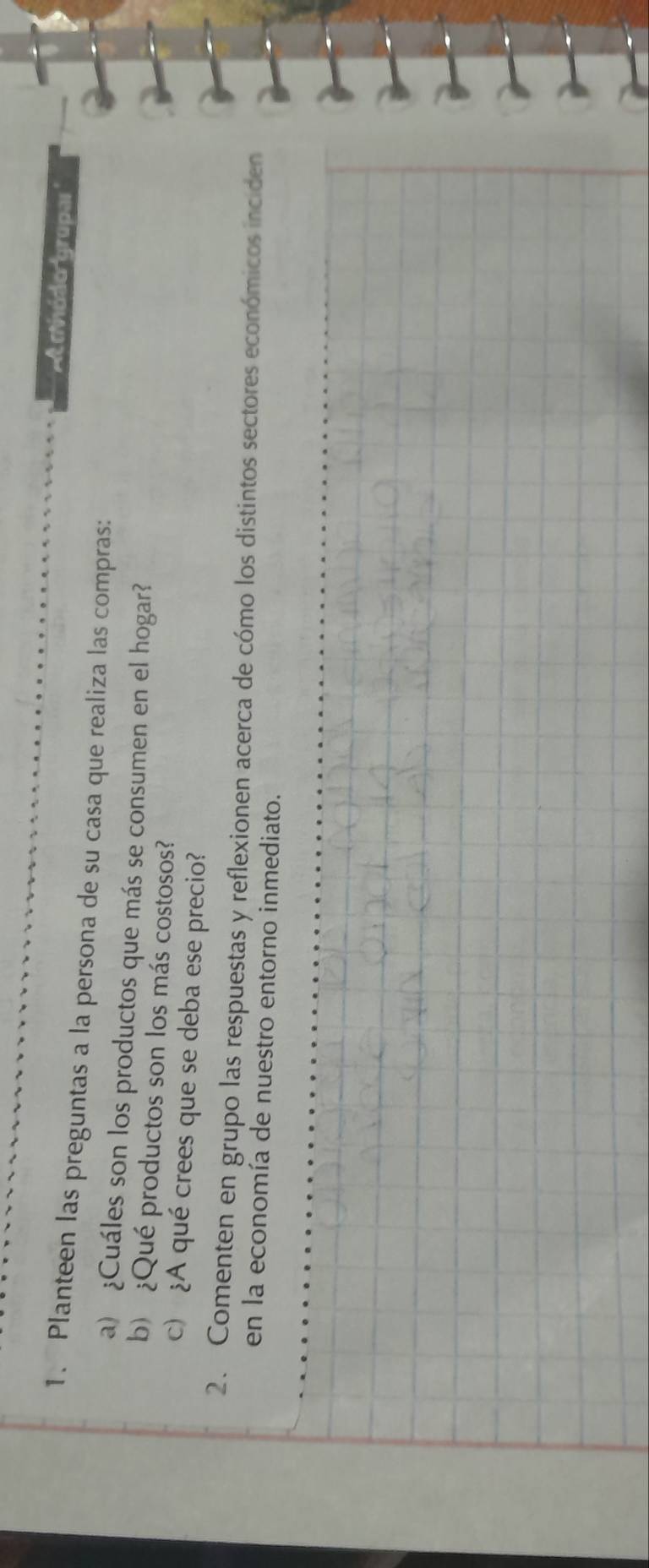 A mádo g 
1. Planteen las preguntas a la persona de su casa que realiza las compras: 
a) ¿Cuáles son los productos que más se consumen en el hogar? 
b) ¿Qué productos son los más costosos? 
c) ¿A qué crees que se deba ese precio? 
2. Comenten en grupo las respuestas y reflexionen acerca de cómo los distintos sectores económicos inciden 
en la economía de nuestro entorno inmediato.