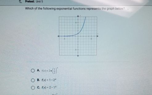 Pretest: Unit 5
Which of the following exponential functions represents the graph below?
A. f(x)=2· ( 1/2 )^x
B. f(x)=1+2^x
C. f(x)=2· 1^x