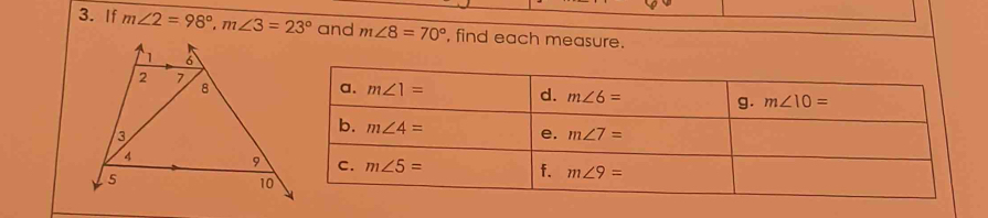 If m∠ 2=98°,m∠ 3=23° and m∠ 8=70° , find each measure.