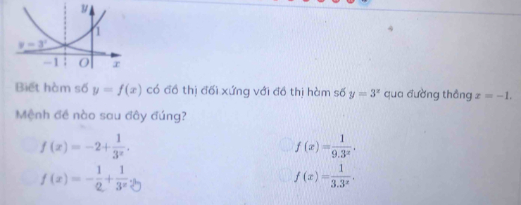 y
1
y=3°
-1 O
Biết hàm số y=f(x) có đổ thị đối xứng với đồ thị hàm số y=3^x qua đường thẳng x=-1. 
Mệnh đề nào sau đây đúng?
f(x)=-2+ 1/3^x .
f(x)= 1/9.3^x .
f(x)=- 1/2 + 1/3^x ·
f(x)= 1/3.3^x .