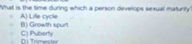 What is the time during which a person develops sexual maturity?
A) Life cycle
B) Growth spurt
C) Puberty
D) Trimester