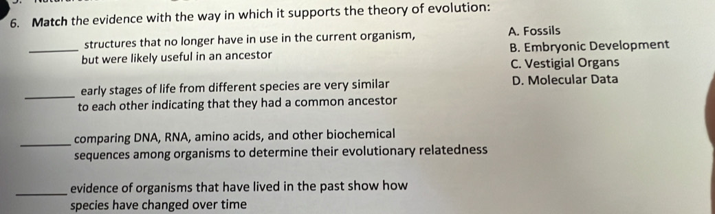 Match the evidence with the way in which it supports the theory of evolution:
structures that no longer have in use in the current organism, A. Fossils
_but were likely useful in an ancestor B. Embryonic Development
C. Vestigial Organs
_
early stages of life from different species are very similar D. Molecular Data
to each other indicating that they had a common ancestor
_
comparing DNA, RNA, amino acids, and other biochemical
sequences among organisms to determine their evolutionary relatedness
_evidence of organisms that have lived in the past show how
species have changed over time