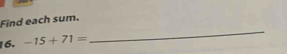 Find each sum. 
16. -15+71=
_