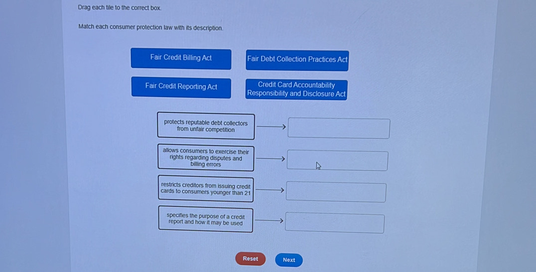Drag each tile to the correct box.
Match each consumer protection law with its description.
Fair Credit Billing Act Fair Debt Collection Practices Act
Fair Credit Reporting Act Credit Card Accountability
Responsibility and Disclosure Act
protects reputable debt collectors
from unfair competition
allows consumers to exercise their
rights regarding disputes and
billing errors
restricts creditors from issuing credit
cards to consumers younger than 21
specifies the purpose of a credit
report and how it may be used
Reset Next