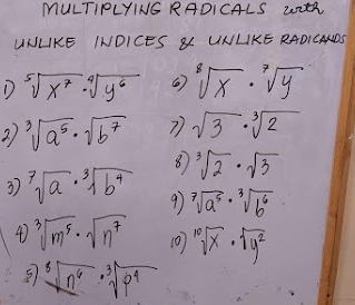 MULTIPLYING RADICALS 2OER 
UNLIKE INDICES S UINLIKE RADICANDS 
D sqrt[5](x^7)· sqrt[4](y^6) sqrt[8](x)· sqrt[7](y)
27 sqrt[3](a^5)· sqrt(b^7) 7) sqrt(3)· sqrt[3](2)
8 sqrt[3](2)· sqrt(3)
3 sqrt[7](a)· sqrt[3](b^4) 97 sqrt[7](a^5)· sqrt[3](b^6)
4) sqrt[3](m^5)· sqrt(n^7) 10) sqrt[10](x)· sqrt(y^2)
sqrt[3](n^6)· sqrt[3](p^4)