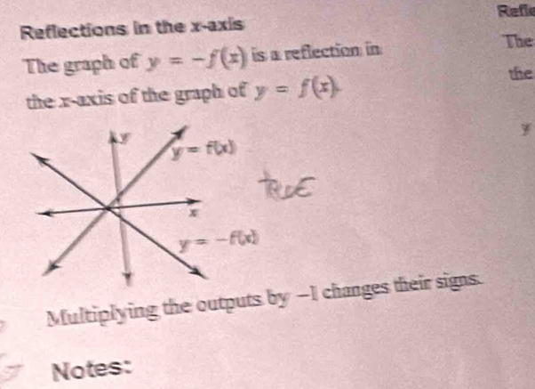 Refle
Reflections in the x-axis
The graph of y=-f(x) is a reflection in The
the x-axis of the graph of y=f(x).
the
Multiplying the outputs by -I changes their signs.
Notes: