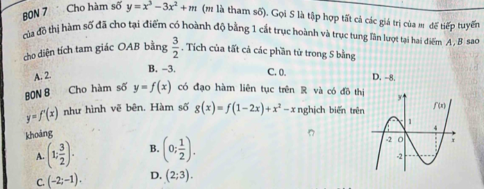 BON 7 Cho hàm số y=x^3-3x^2+m (m là tham số). Gọi S là tập hợp tất cả các giá trị của m để tiếp tuyến
của đồ thị hàm số đã cho tại điểm có hoành độ bằng 1 cắt trục hoành và trục tung lần lượt tại hai điểm A , B sao
cho diện tích tam giác OAB bằng  3/2 . Tích của tất cả các phần tử trong S bằng
B. -3. C. 0.
A. 2. D. -8.
BON 8  Cho hàm số y=f(x) có đạo hàm liên tục trên R và có đồ thị
y=f'(x) như hình vẽ bên. Hàm số g(x)=f(1-2x)+x^2-x nghịch biến trên
khoảng
B.
A. (1; 3/2 ). (0; 1/2 ).
C. (-2;-1). D. (2;3).